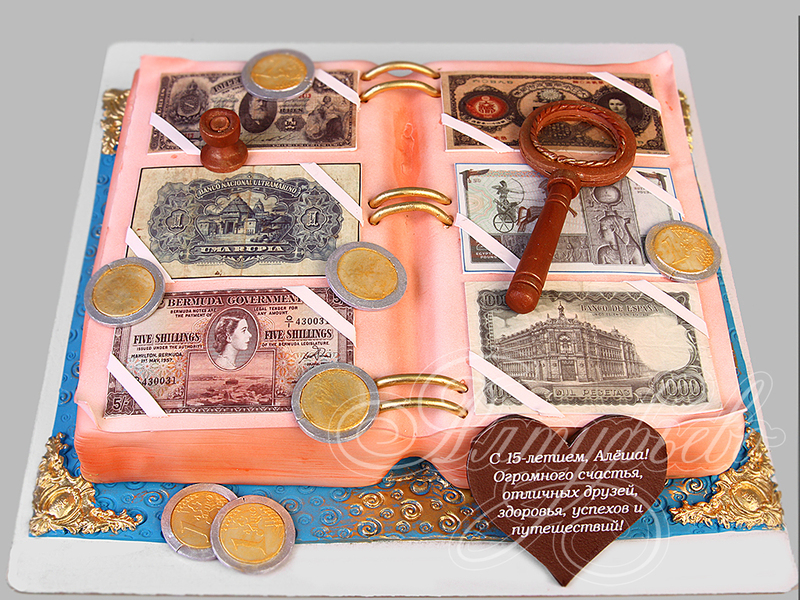Детский торт на 15 лет книга с деньгами на день рождения одноярусный с мастикой