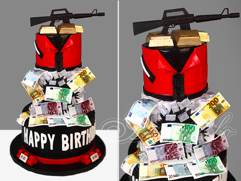 Торт в стиле Гангстеры для мужчины с автоматом и деньгами на день рождения на 30 лет трехъярусный с мастикой