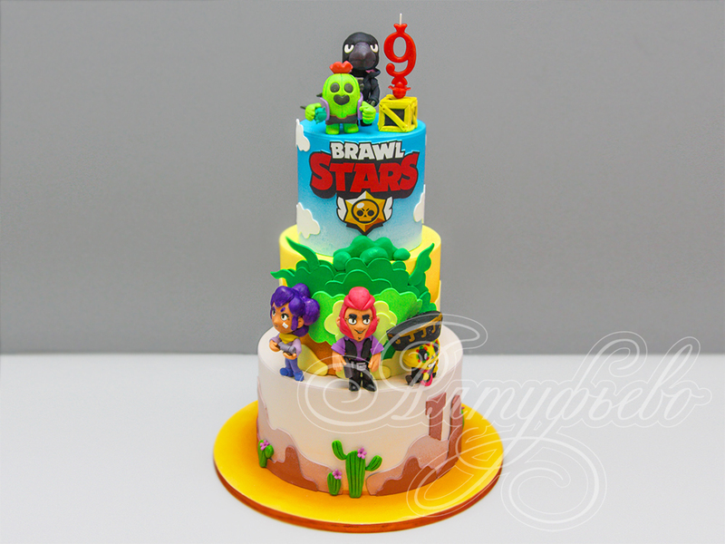 Торт для мальчиков Brawl Stars на день рождения на 9 лет трехъярусный с мастикой