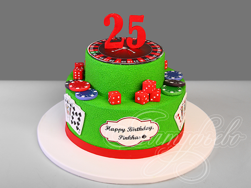 Торт холостяку на день рождения в 25 лет двухъярусный зеленого цвета с рулеткой и картами