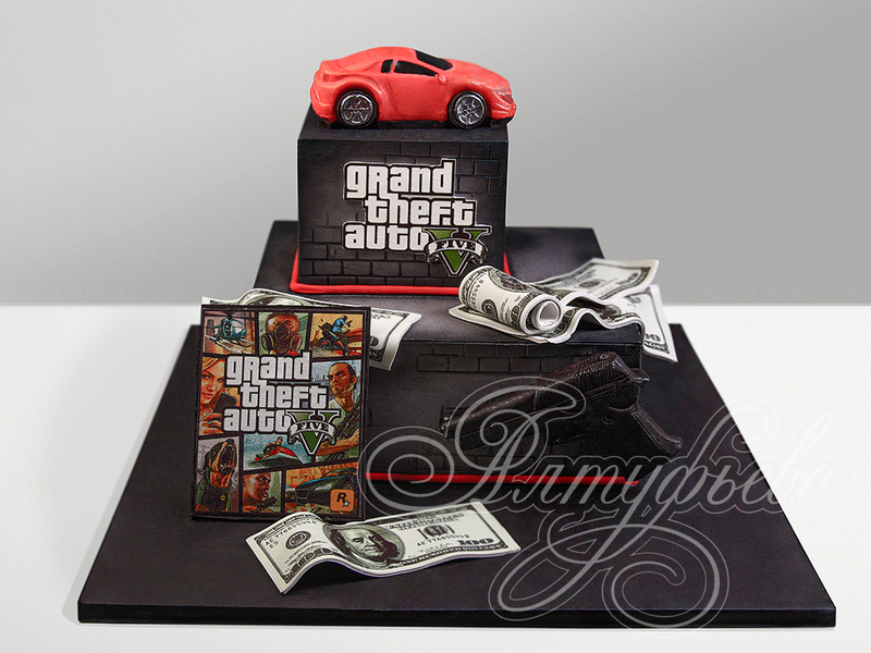 Торт GTA с пистолетом и долларами