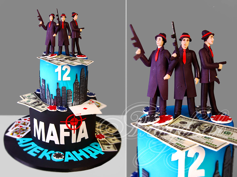 Торт на 12 лет «Mafia» на день рождения с мастикой