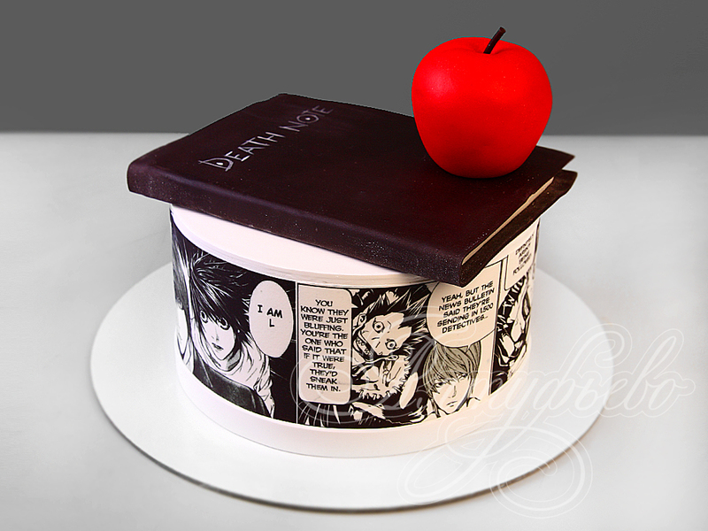 Торт подростку одноярусный на тему комиксов «Death Note» с красным яблоком