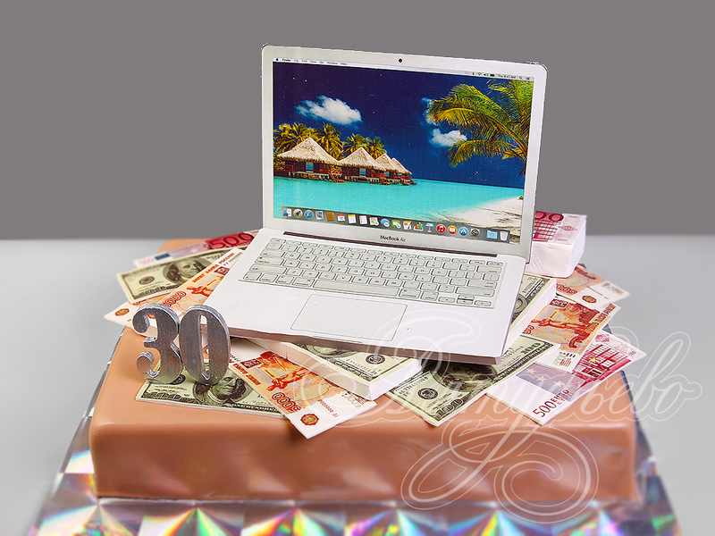 Юбилейный торт с MacBook и деньгами