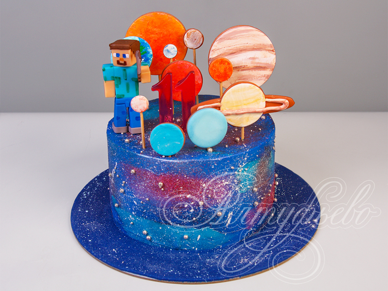 Космический торт майнкрафт с планетами для подростка на день рождения в 11 лет