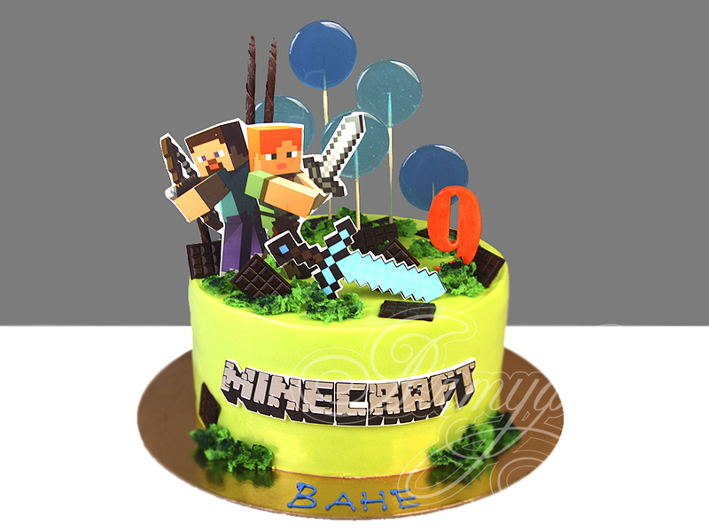 Детский торт Minecraft мальчикам на день рождения одноярусный с мастикой