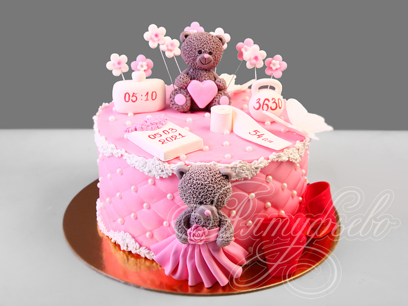 Детский торт для девочки новорожденной одноярусный с мастикой с фигурками мишек