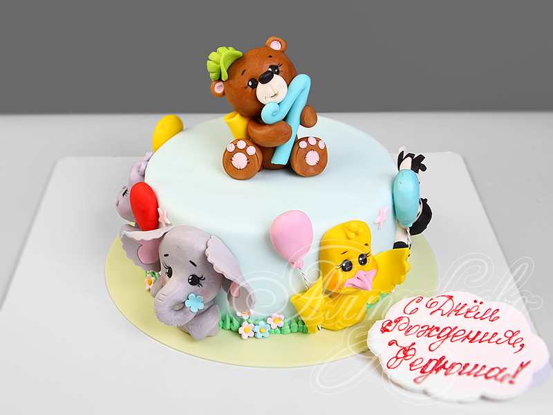 Детский торт со слоником и другими животными для малышей на день рождения в 1 годик
