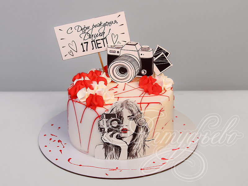 Детский торт на день рождения на 17 лет для любимой с Фотокамерой одноярусный с мастикой