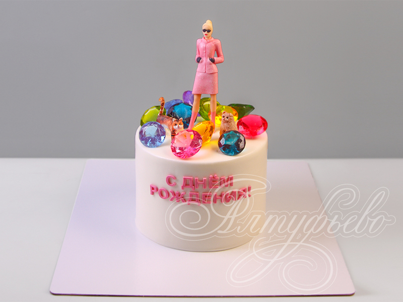Торт с девушкой, кошками и бриллиантами для женщины на день рождения одноярусный