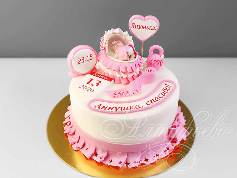 Детский торт для Новорожденной малышки девочки одноярусный с мастикой