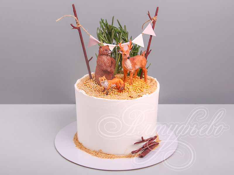 Детский торт с Лесными Животными одноярусный без мастики с фигурками лисы, оленя и медведя