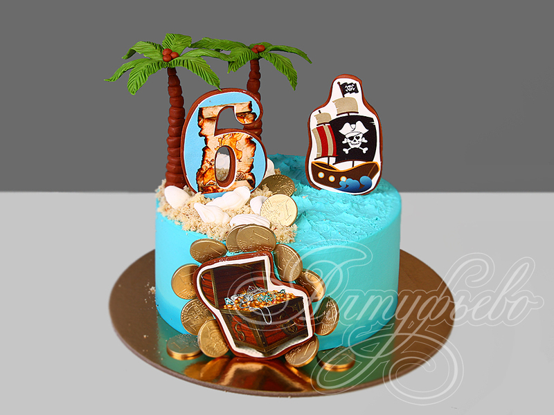 Детский торт Остров сокровищ для мальчика на день рождения на 6 лет одноярусный кремовый со сливками с фигурками
