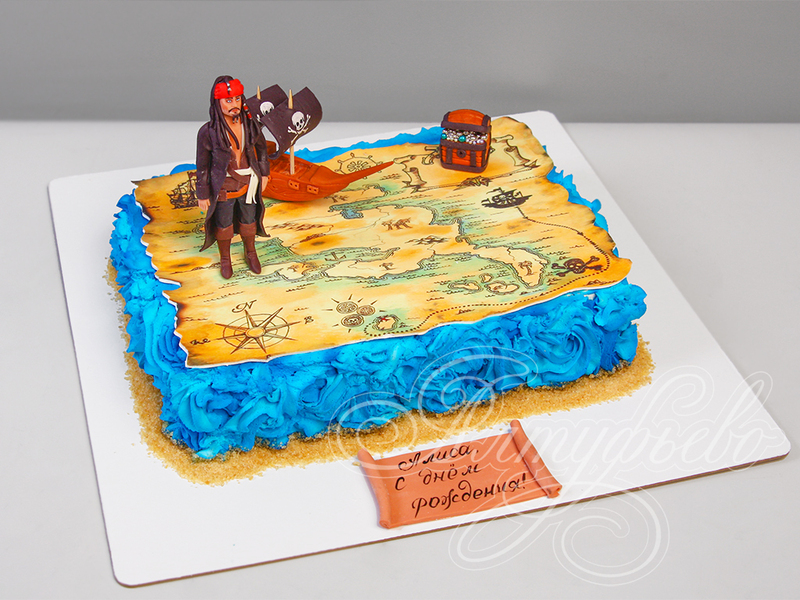 Торт Остров сокровищ для девочки на день рождения одноярусный с фигурками