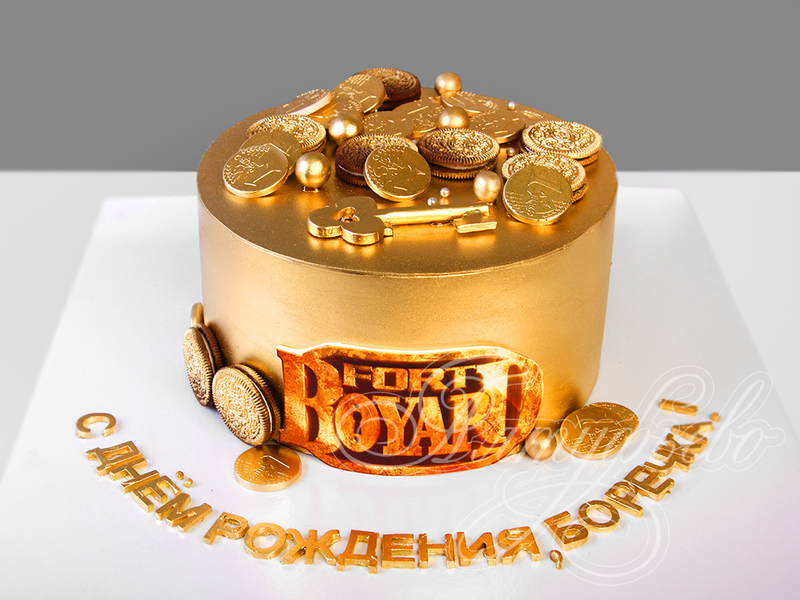 Детский торт одноярусный золотого цвета с монетами