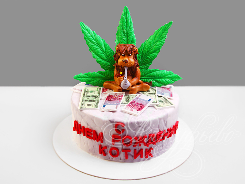 Торт с листом марихуанны, долларами и евро для холостяка одноярусный