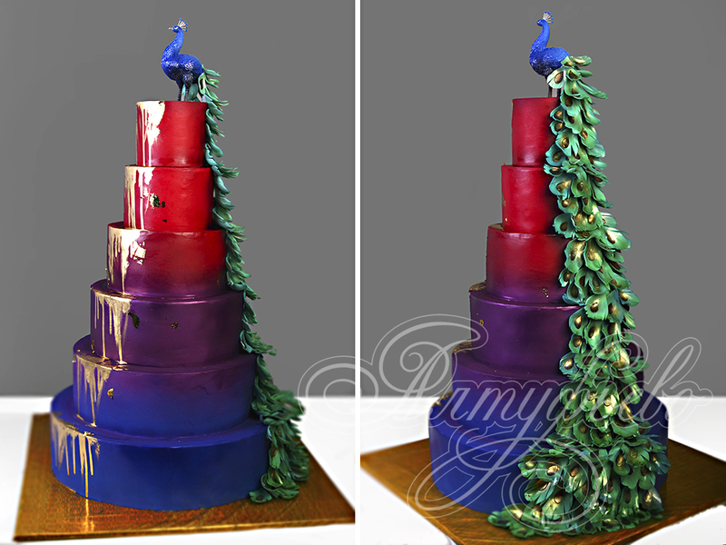 Шестиярусный свадебный торт красный на верхнем ярусе и синий на нижнем