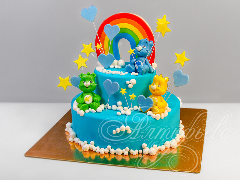Детский торт малышу с разноцветными мишками и радугой