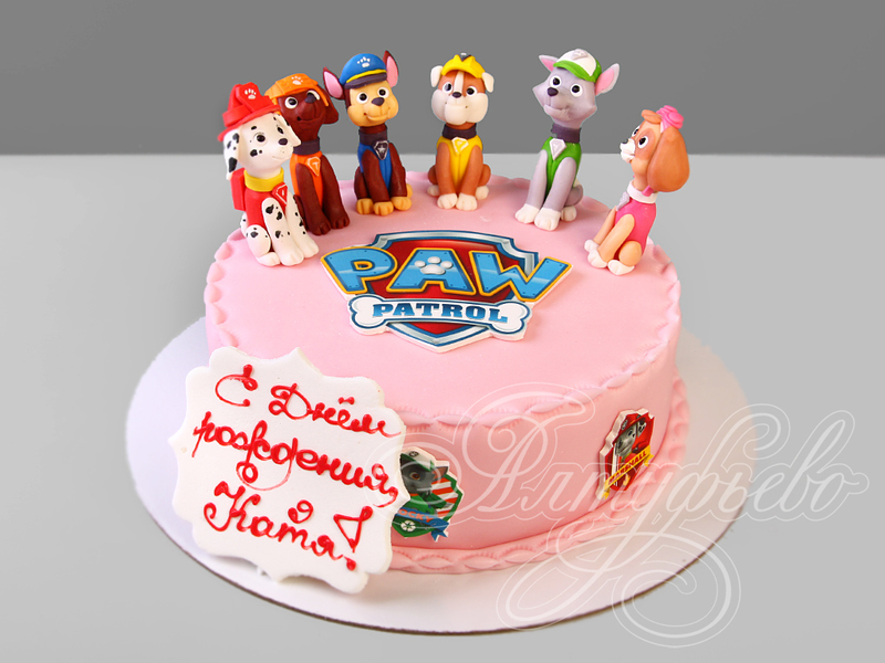 Детский торт девочке на день рождения в 9 лет одноярусный с мастикой с фигурками персонажей из Щенячьего Патруля