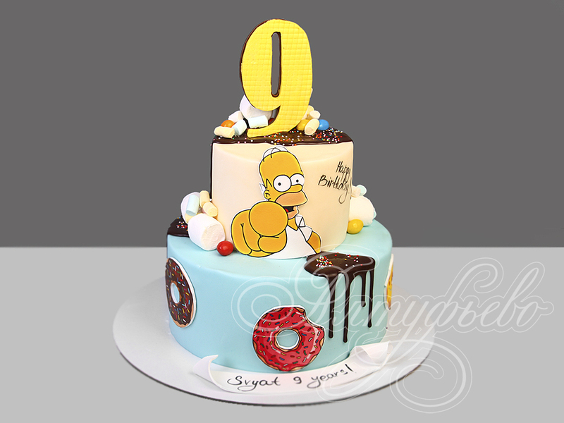 Двухъярусный торт "Симпсоны" с донатсами для мальчика на день рождения в 9 лет