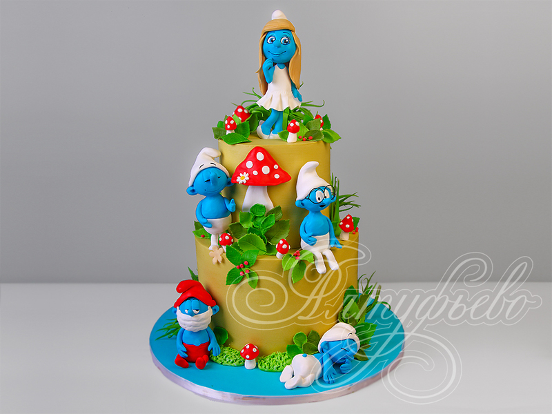 Детский торт для девочки двухъярусный с фигурками Смурфиков