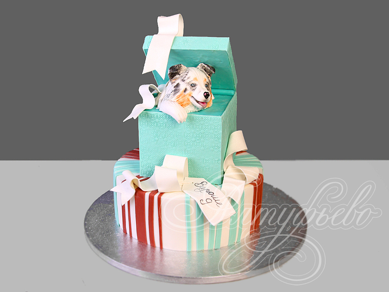 Детский торт в день рождения на 9 лет для девочек двухъярусный с мастикой с фигуркой собачки