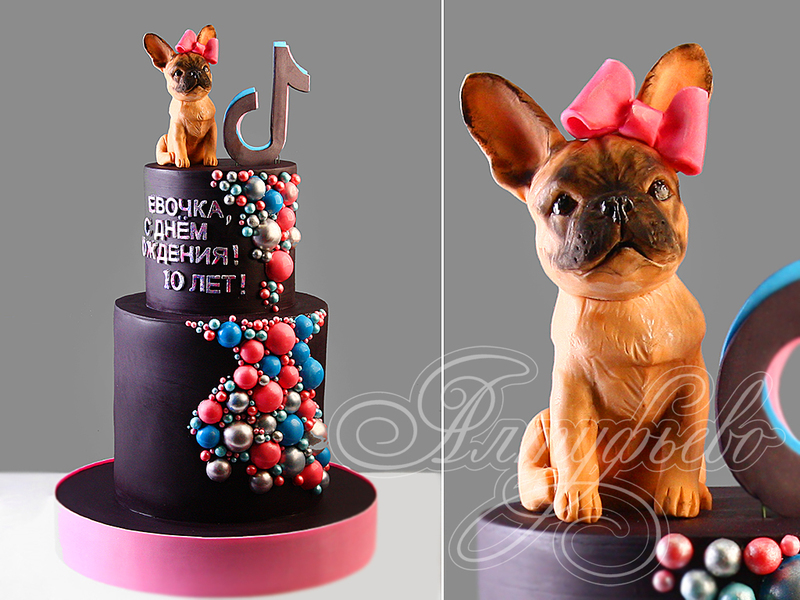 Торт TikTok двухъярусный с фигуркой щенка на день рождения девочки в 10 лет
