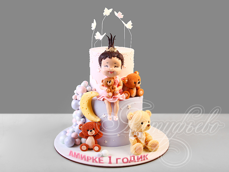 Детский торт для девочек на годик двухъярусный с фигурками девочки и мишек