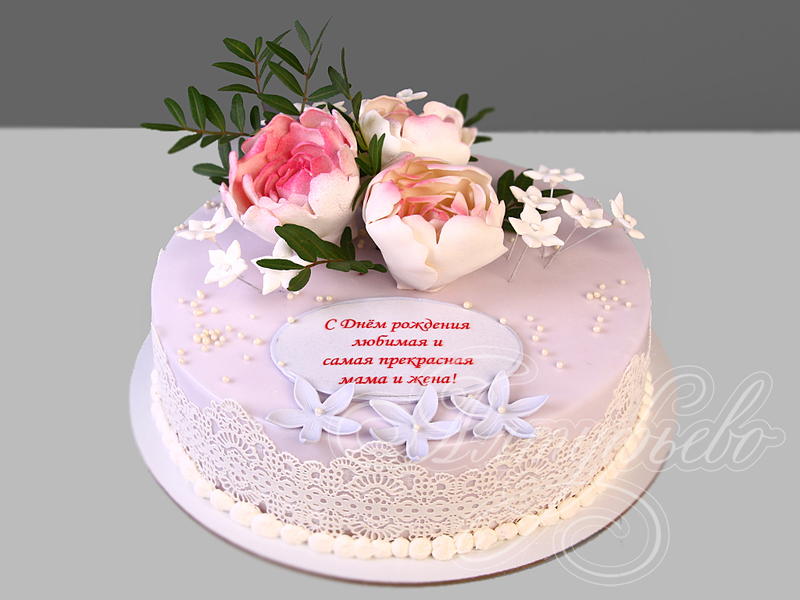Торт женщине одноярусный с цветами с мастикой