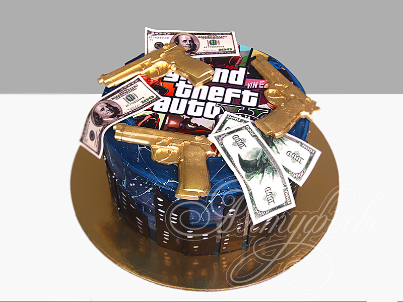 Торт GTA с деньгами и пистолетами