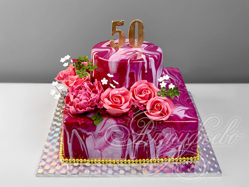 Мраморный торт с цветами на 50 лет 1409219