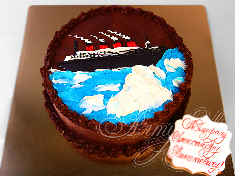 Торт мужчине Адмиралу с рисунком моря и парохода без мастики
