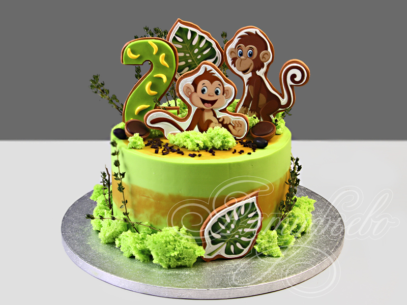 Торт на 2 года самым маленьким в день рождения одноярусный зеленый с обезьянками