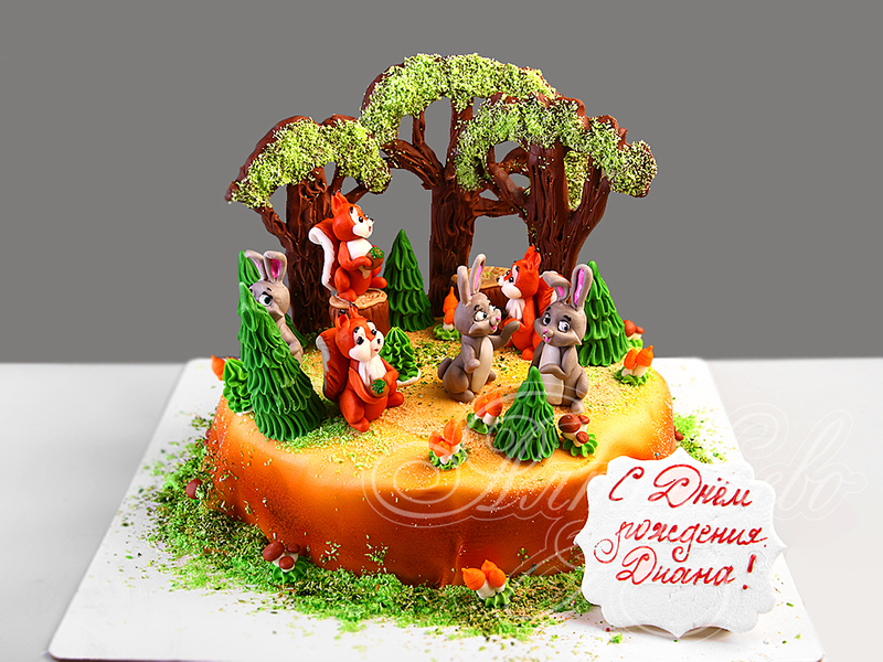 Детский торт с белочками и зайчиками девочке одноярусный