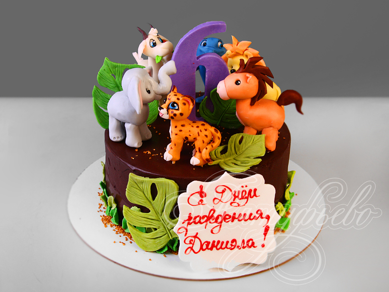 Детский торт с Гепардом и другими животными на день рождения девочки в 6 лет без мастики с фигурками