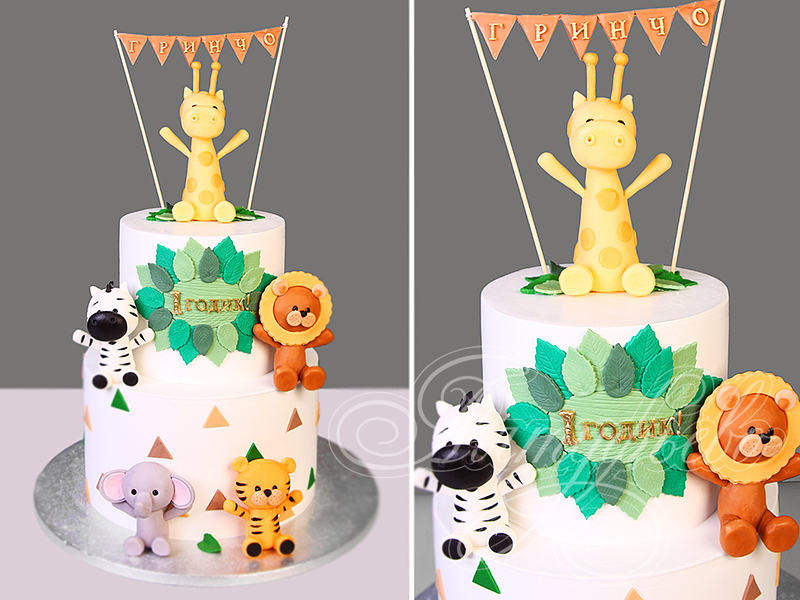 Детский торт для малыша на 1 годик двухъярусный с фигурками животных