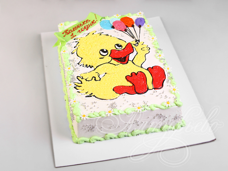 Детский торт "Утенок с шариками" без мастики на день рождения мальчика в 1 год