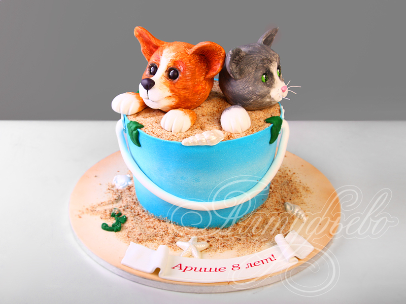 Торт Ведерко с собачкой и кошкой