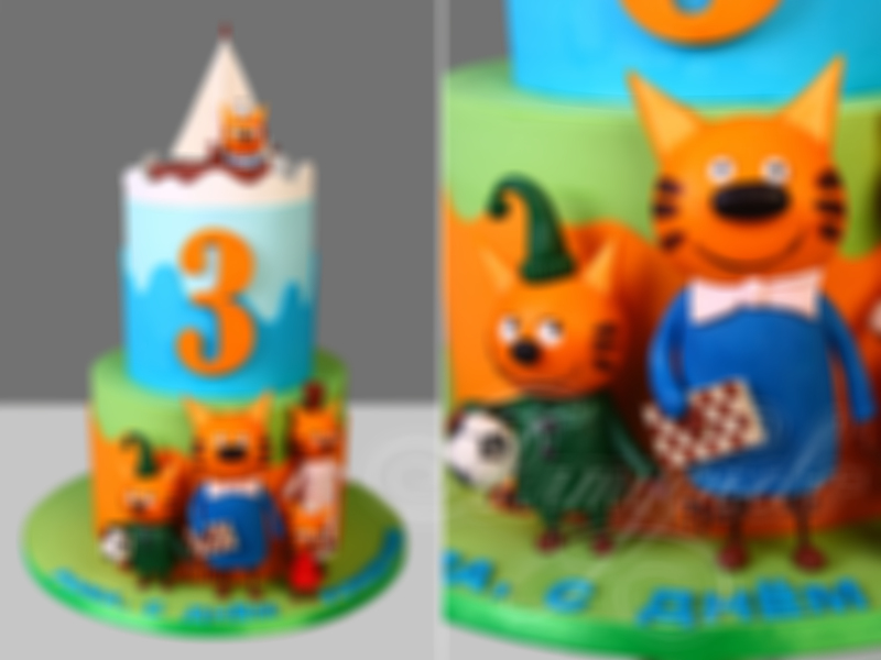 Торт Три кота на день рождения на 3 года двухъярусный с мастикой с фигурками