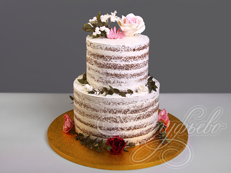 Свадебный торт с розами двухъярусный без мастики