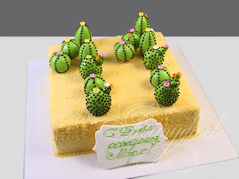 Торт "Любимому Колючке" на день рождения с кактусами одноярусный с мастикой