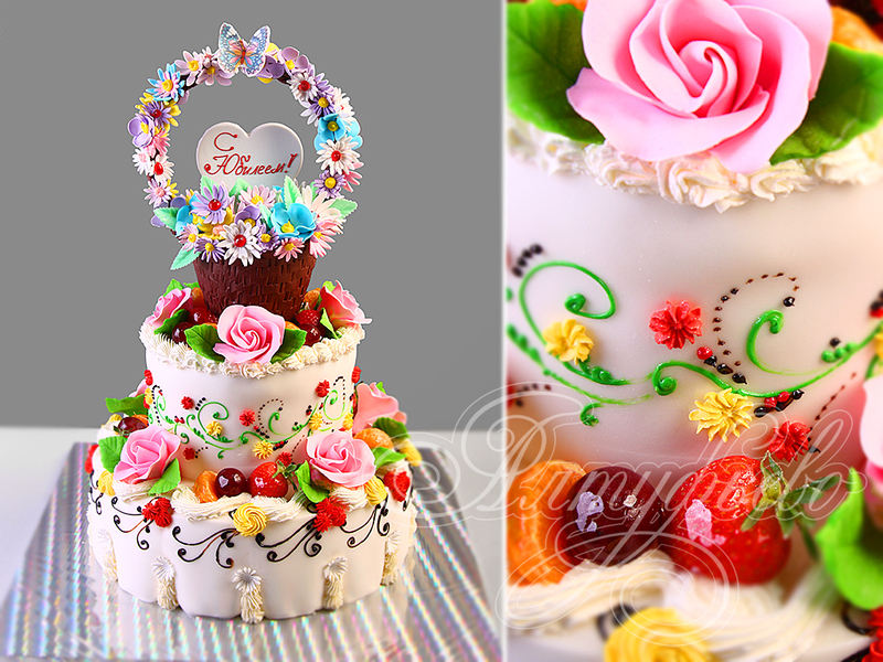 Торт маме Корзина с цветами в день рождения двухъярусный с мастикой