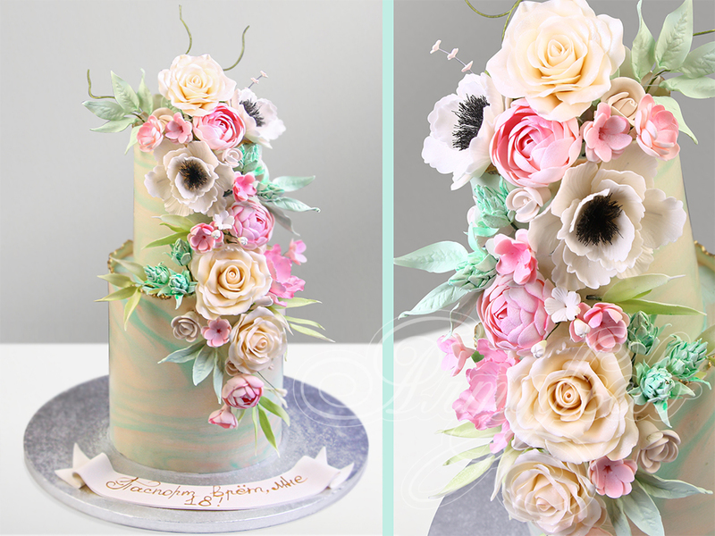 Мраморный торт с цветочным каскадом 21062420