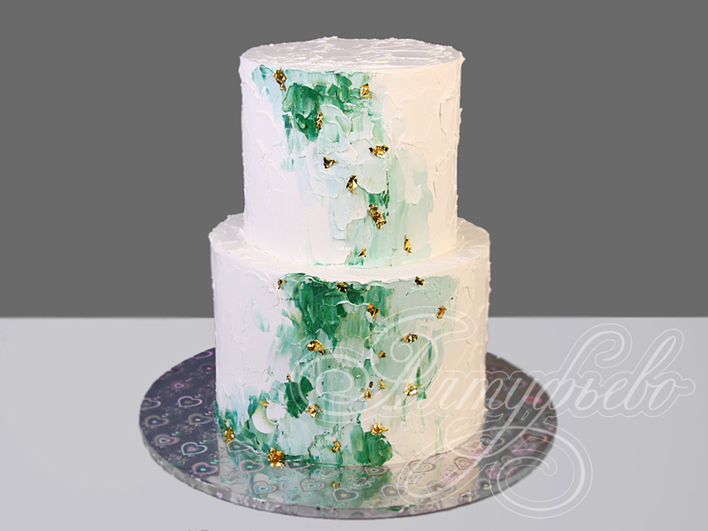 Торт белый свадебный с зелеными мазками двухъярусный без мастики